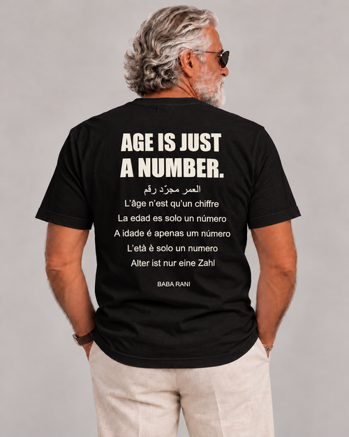 Baba Rani wearing Age Is Just a Number Tee — black — rear view