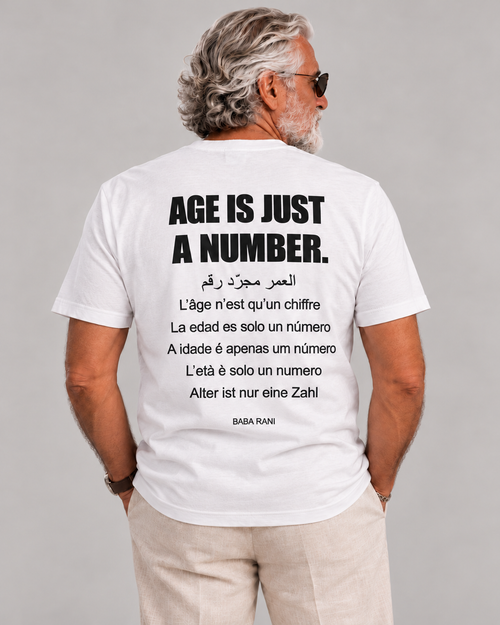 Baba Rani wearing Age Is Just a Number Tee — white — rear view
