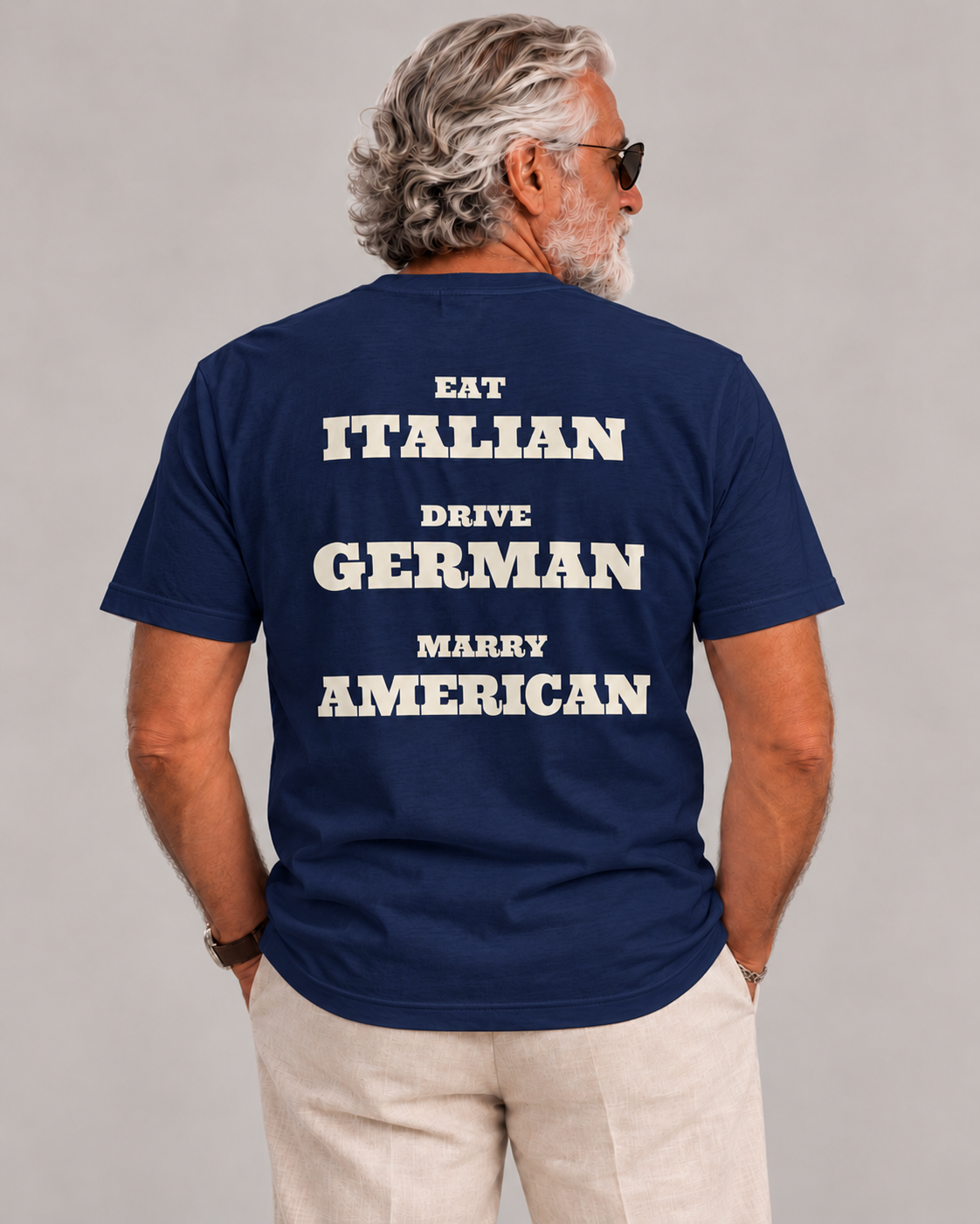 Baba Rani wearing Marry american Tee — navy — rear view