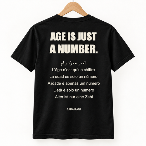 Age Is Just a Number Tee — Black — back on hanger, design visualization