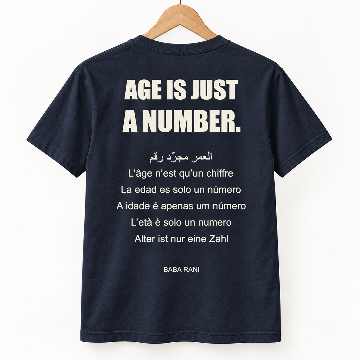 Age Is Just a Number Tee — Navy — back on hanger, design visualization
