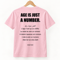 Age Is Just a Number Tee — Soft Pink — back on hanger, design visualization