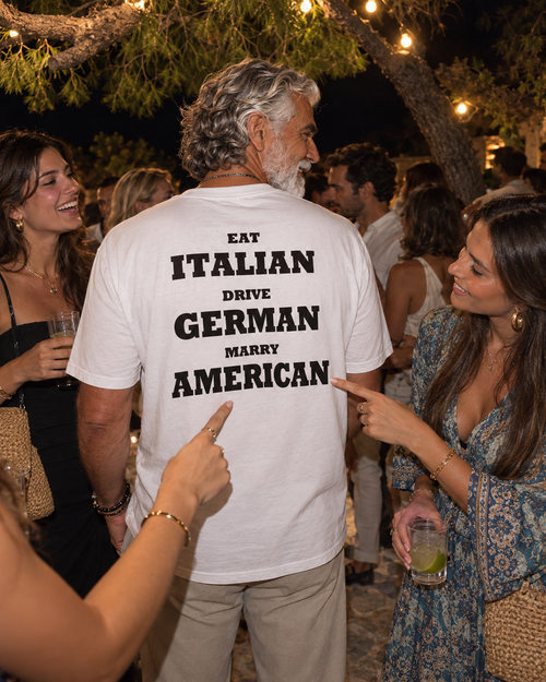 AI campaign mockup — american tee at a garden party