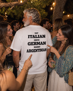 AI campaign mockup — argentinian tee at a garden party