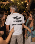 AI campaign mockup — brazilian tee at a garden party