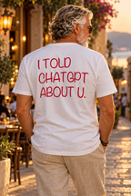Baba Rani wearing the white I Told ChatGPT About U. tee, back view