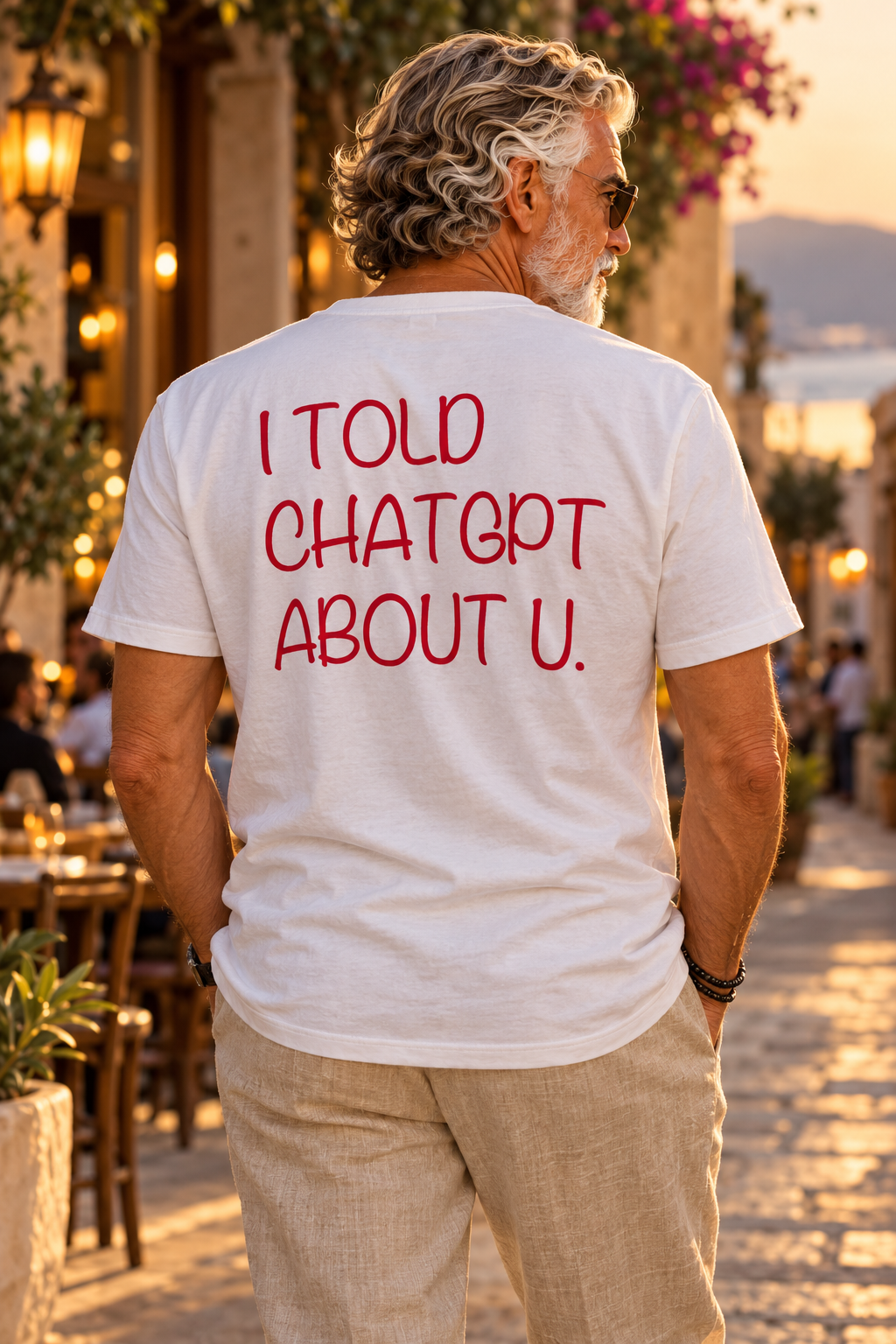 Baba Rani wearing the white I Told ChatGPT About U. tee, back view