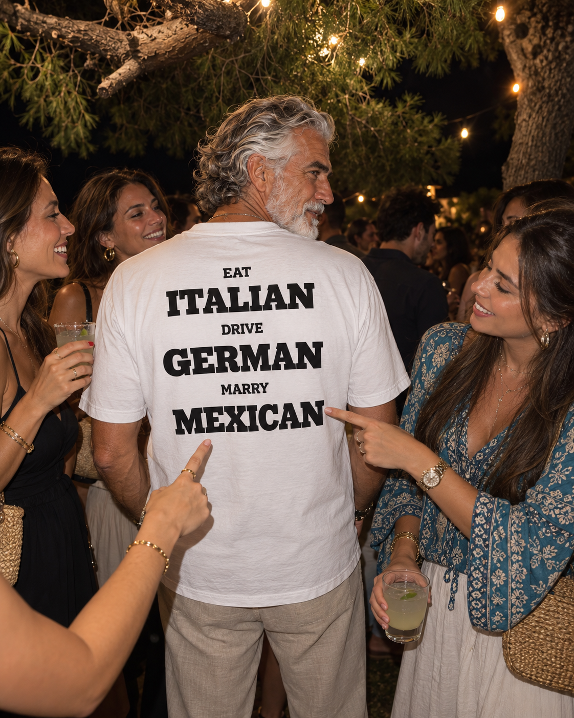 AI campaign mockup — mexican tee at a garden party