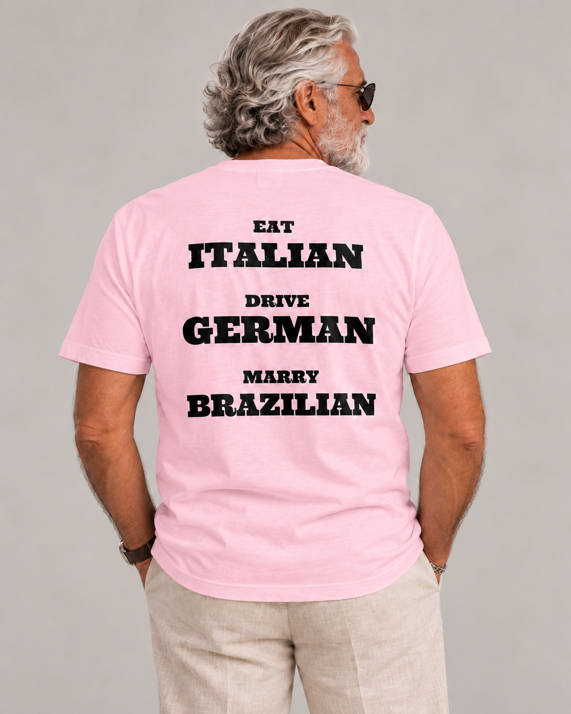 Baba Rani wearing Marry Brazilian Tee — soft-pink — rear view