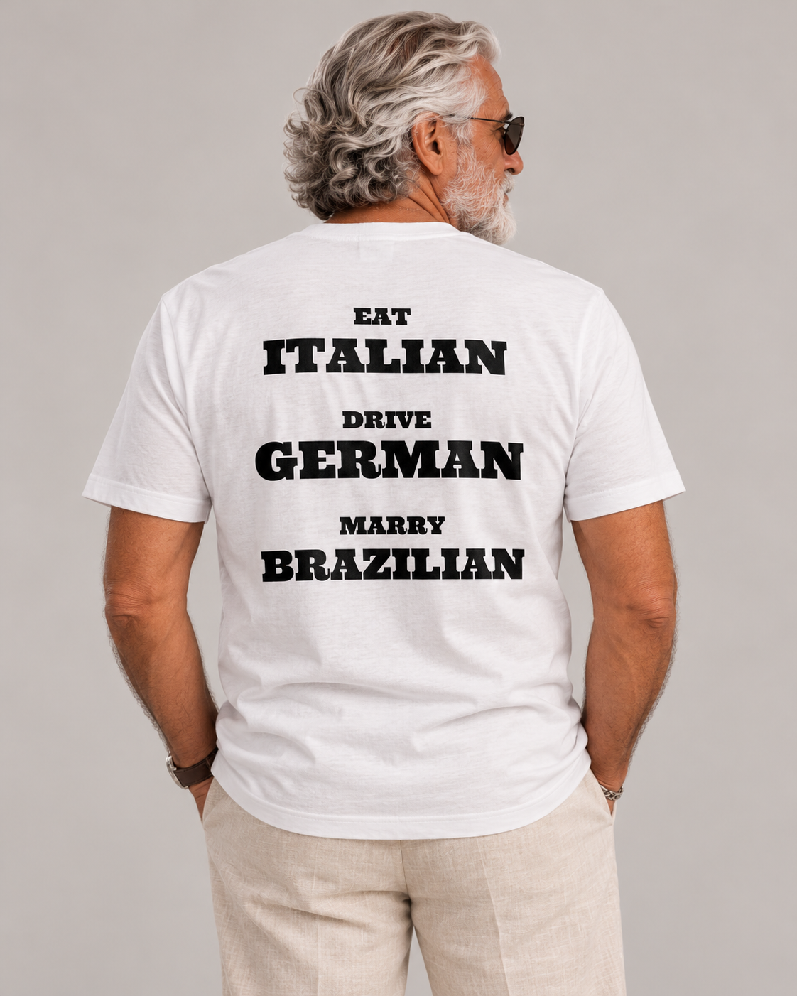 Baba Rani wearing Marry Brazilian Tee — white — rear view