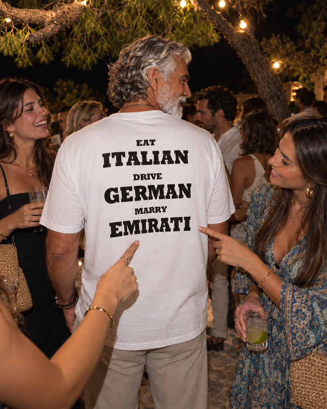 Baba Rani wearing Marry emirati Tee — garden-party design visualization