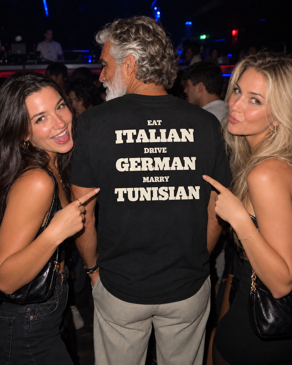 Baba Rani wearing Marry tunisian Tee, black with ivory print, two-women campaign design visualization